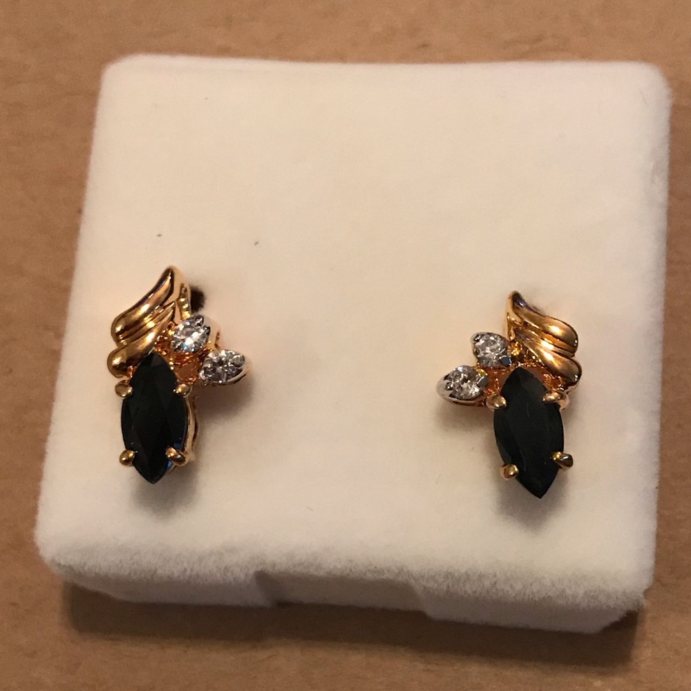 Black Sapphire and CZ 14K gold Plated Earrings